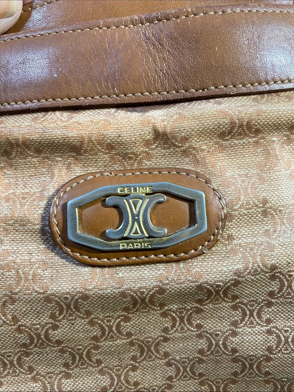 Authentic Vintage Celine Macadam Tan Brown coated Canvas & Leather Shoulder Bag